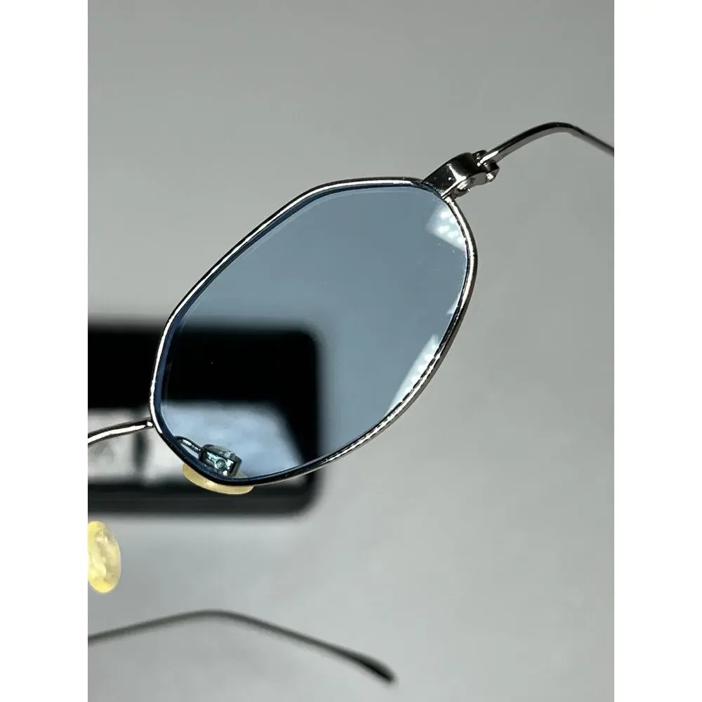 VTG Optica Geometric Wire Frame Sunglasses Silver Tone Metal Blue Lens + Case